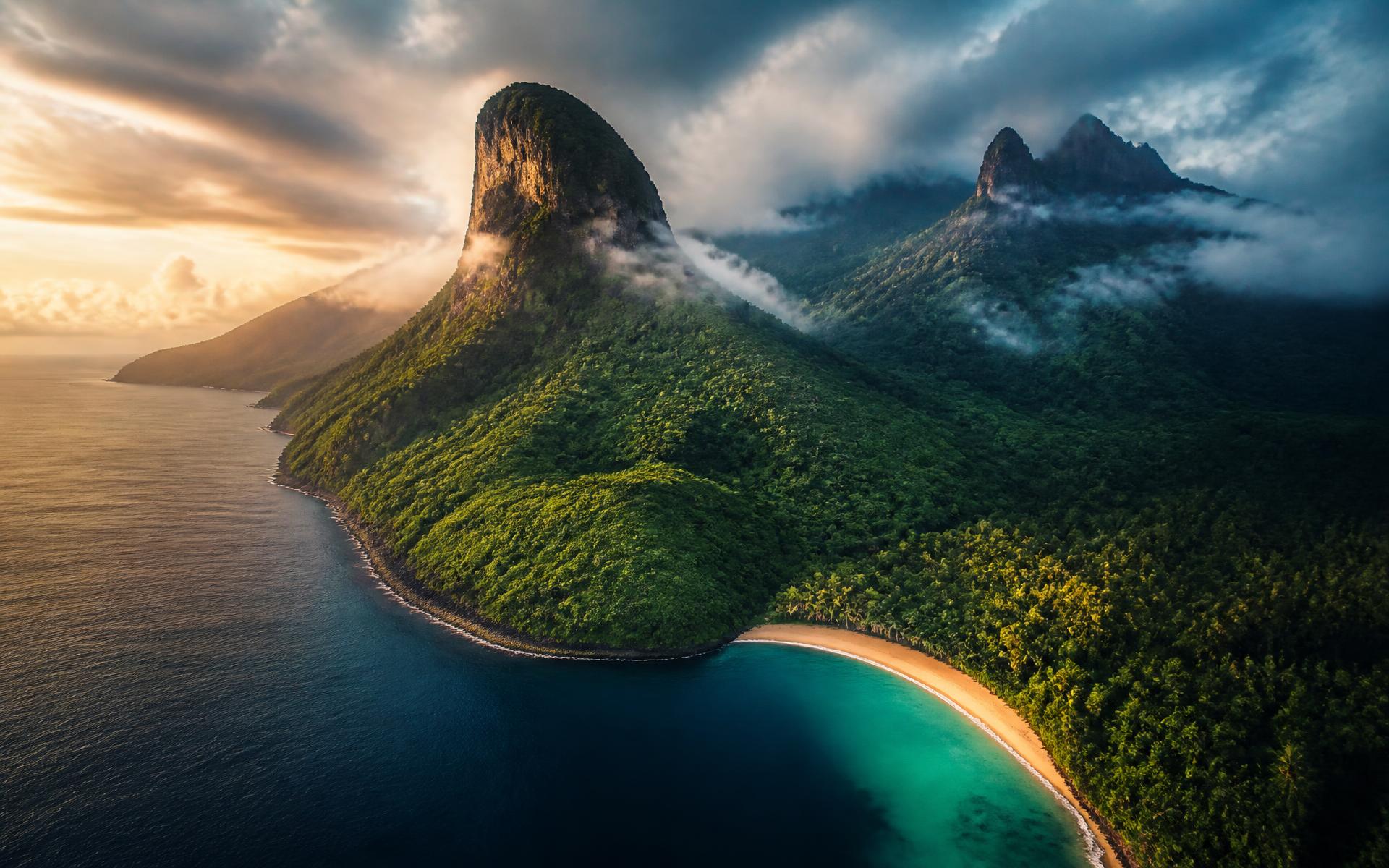 Aerial view of São Tomé & Príncipe — volcanic peaks, rainforest and Atlantic coastline