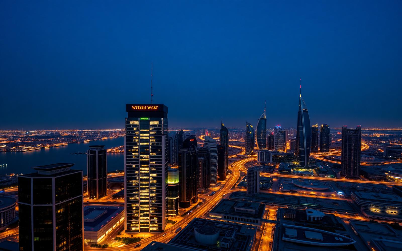 Abu Dhabi and Dubai financial district at dusk